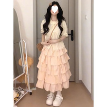 早夏季小个子日系温柔甜美学院风杏色上衣搭配蛋糕半身裙两件套装