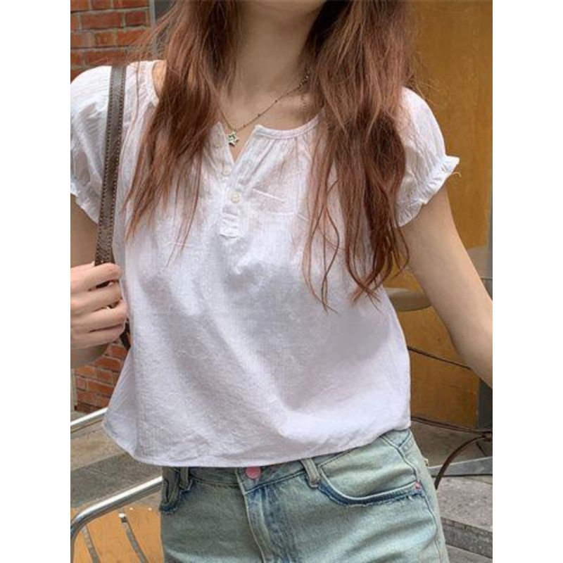 设计感小众泡泡袖木耳边衬衫女夏季新款时尚洋气少女学生短袖上衣
