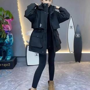 工装派克羽二棉服女2025新款冬季中长款收腰女款冲锋衣保暖外套