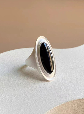 董洁同款925纯银磨砂黑玛瑙戒指女ins风小众高级感大气食指戒银饰