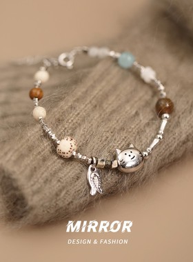 小麋人925纯银猫咪小鱼手链女手环手饰个性时尚高级感学生礼物潮