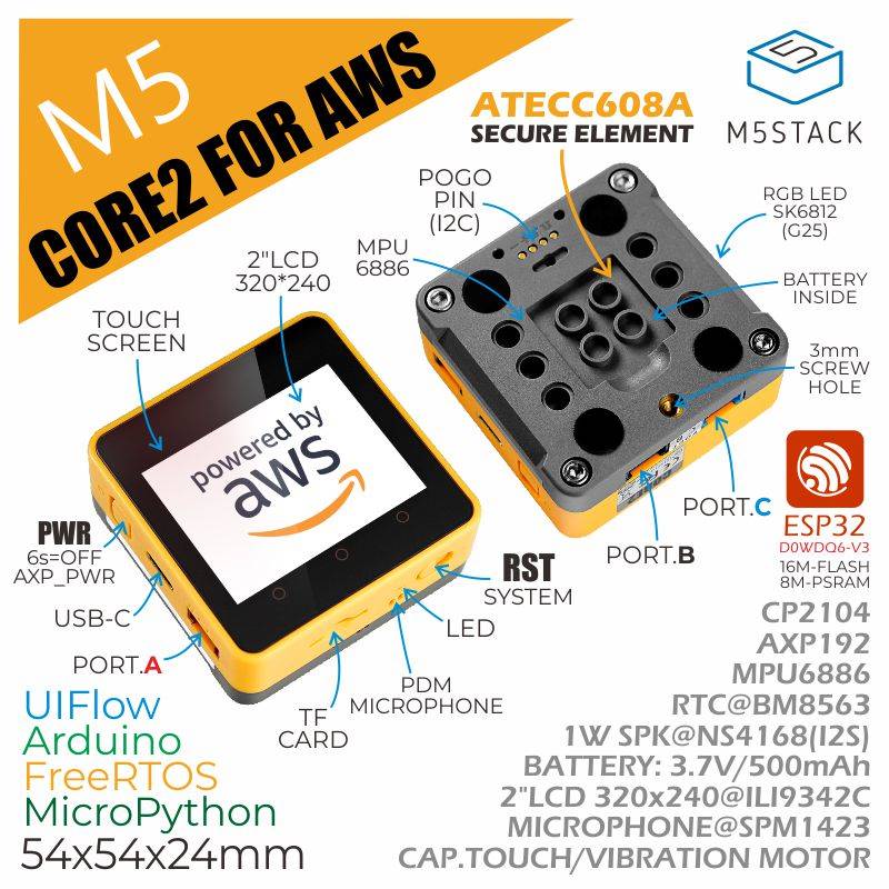 M5Stack Core2 AWS物联网开发学习套件触摸屏 ATECC608A加密芯片