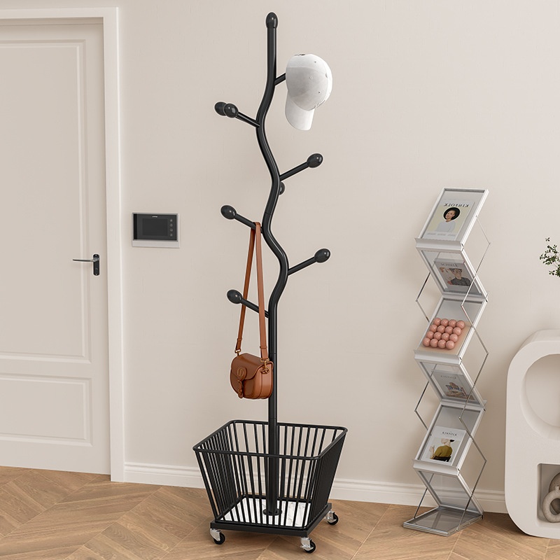 衣帽架落地奶油风卧室可移动带轮挂衣置物晾衣架收纳篮脏衣篓