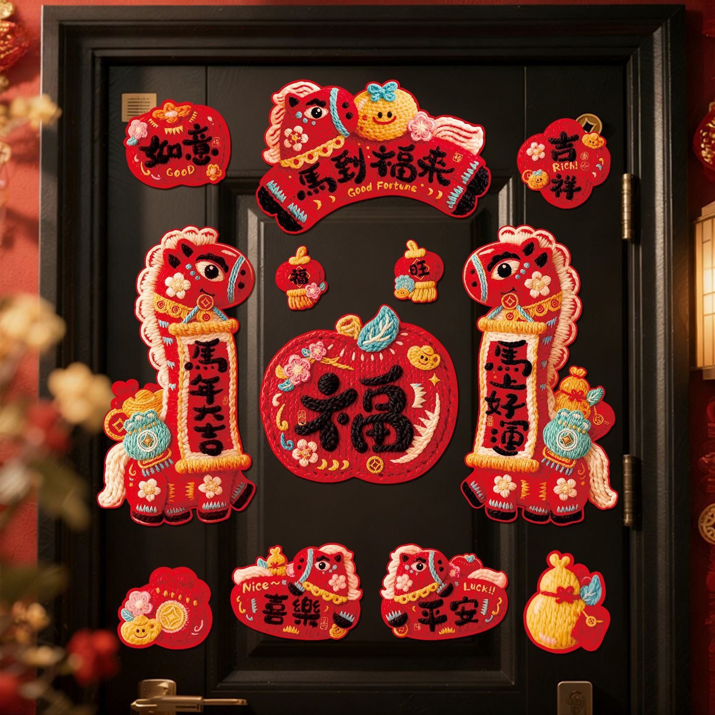 马年毛绒高档全磁吸对联春联2026年新款冰箱贴福字门贴过年装饰品