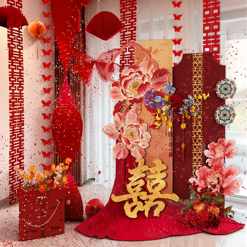 中式婚房布置套装国潮牡丹kt板