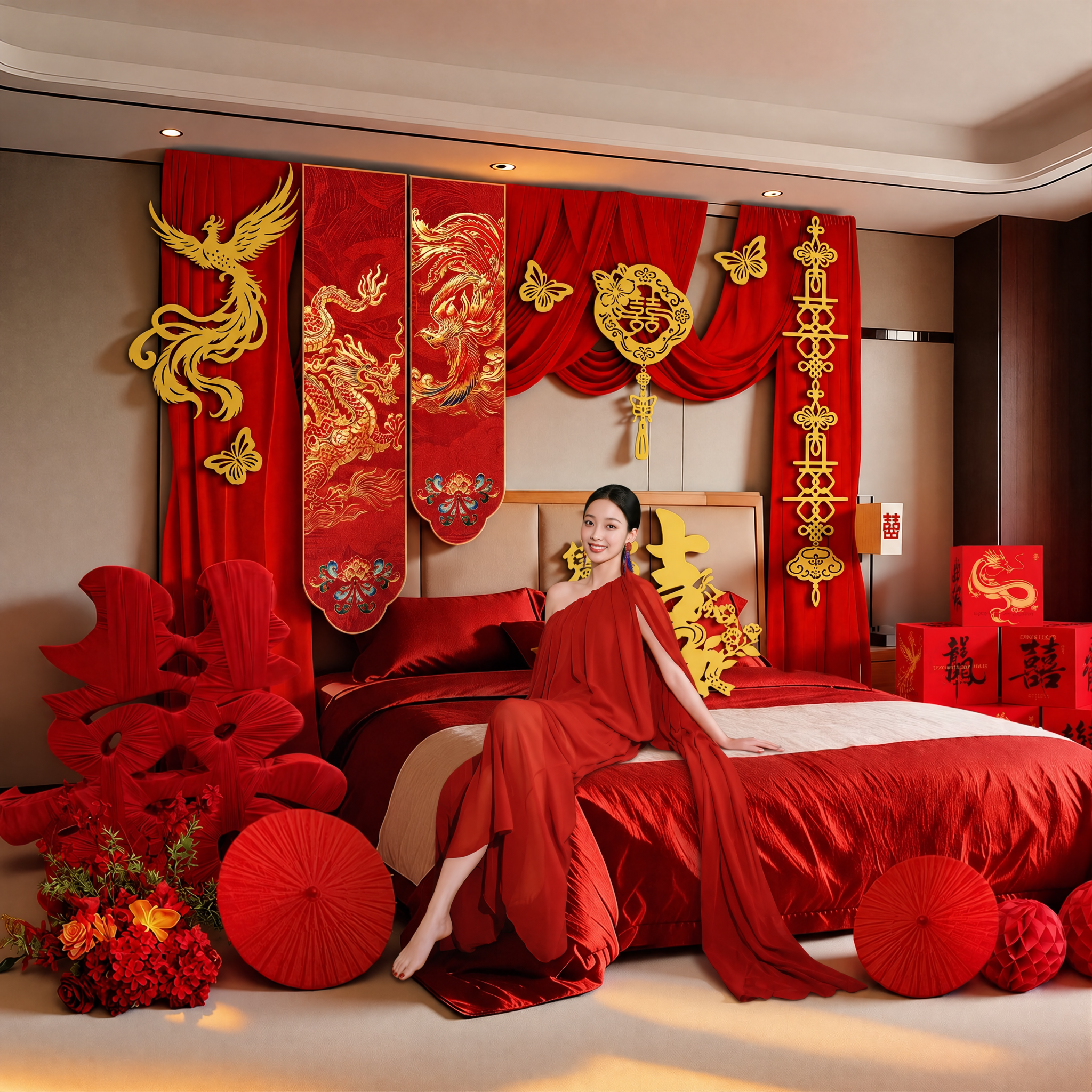 婚房装饰布置新中式布幔背景墙图片
