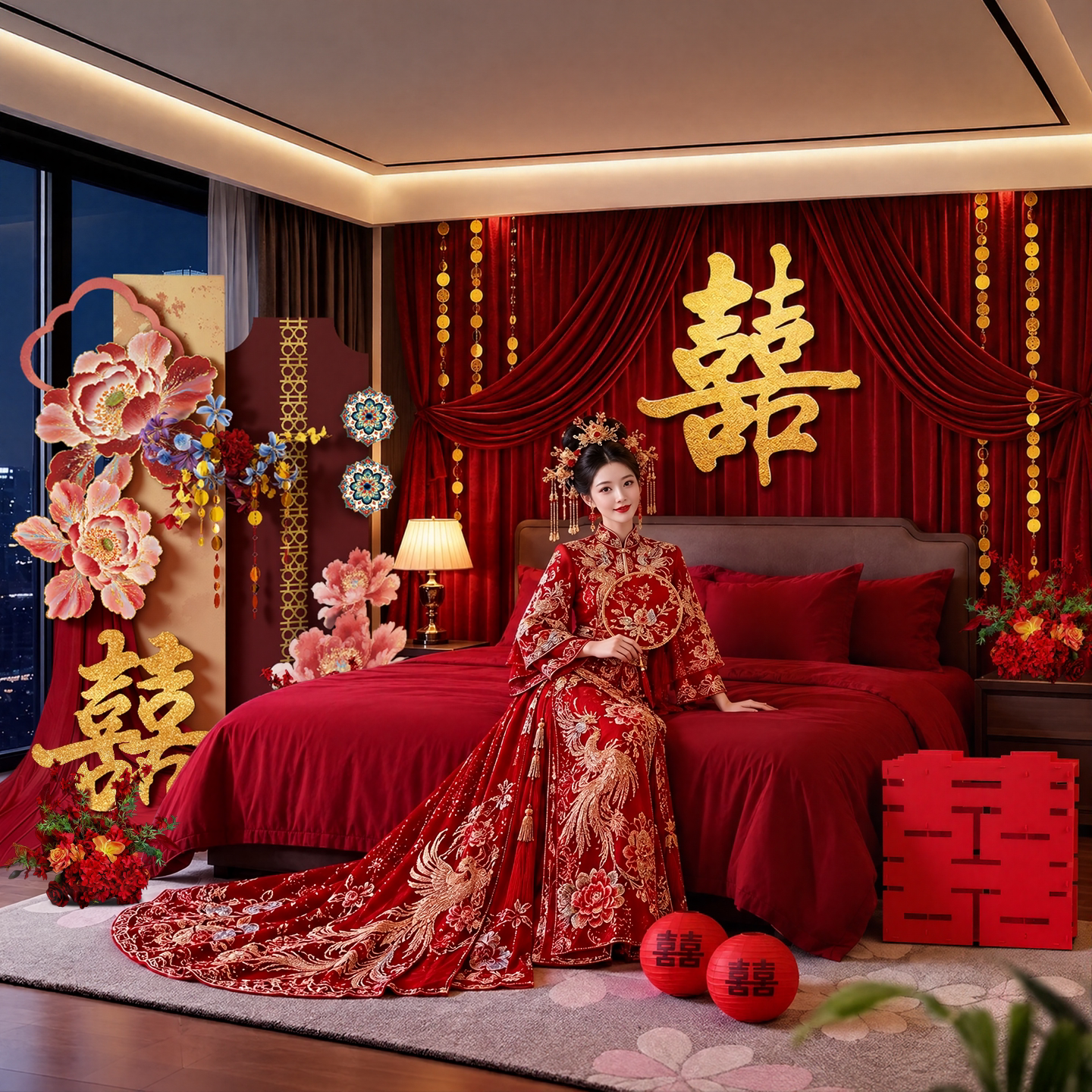 婚房床头装饰布置背景墙高级感女方卧室喜字仿真花氛围感kt板布幔