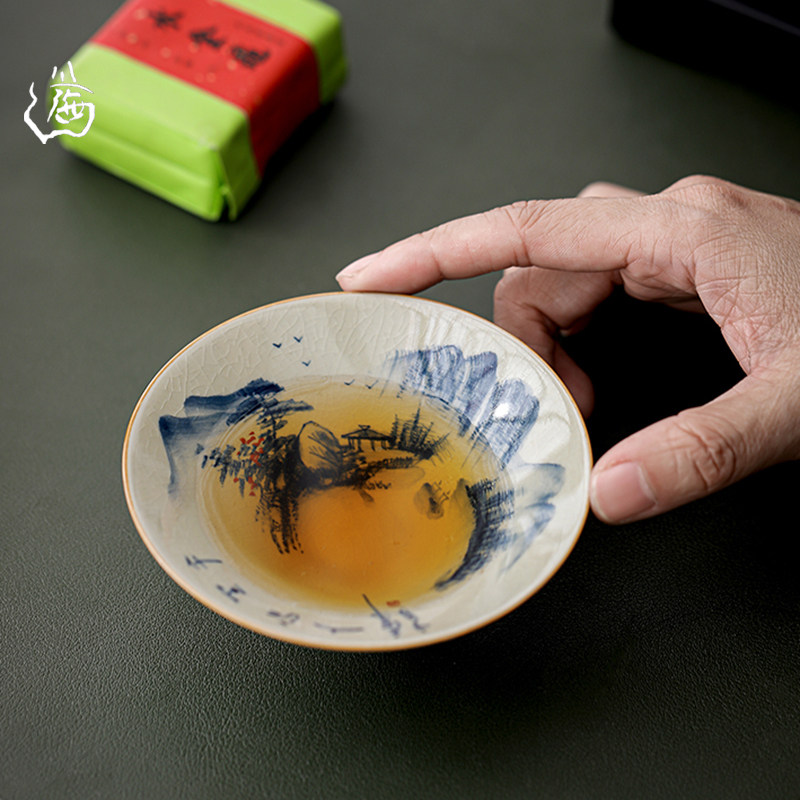 手绘斗笠茶杯青花山水主人杯景德镇老陶泥开片品茗杯功夫茶具单杯