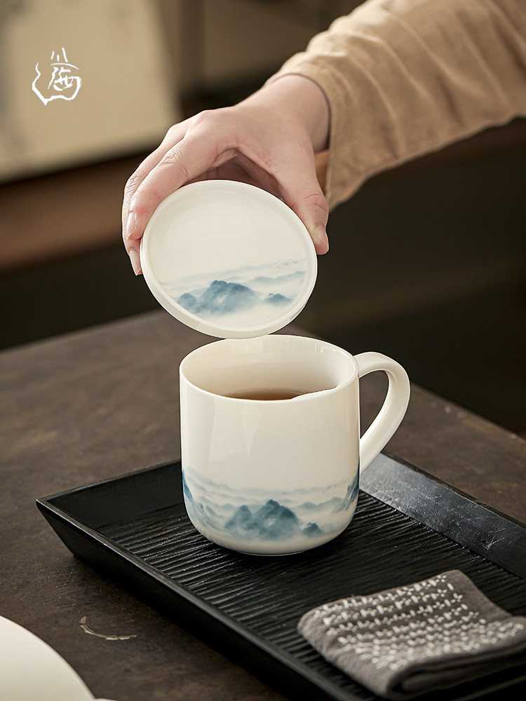 羊脂玉瓷茶杯月牙过滤水杯大容量带盖办公杯茶水分离专用喝茶杯子