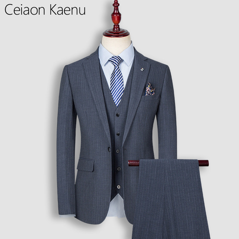 Ceiaon Kaenu条纹西装套装男士英伦风修身正装西服男新郎结婚伴郎