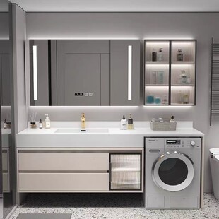 定制可丽耐岩板热弯一体洗衣机柜组合现代简约浴室柜卫生间洗脸盆