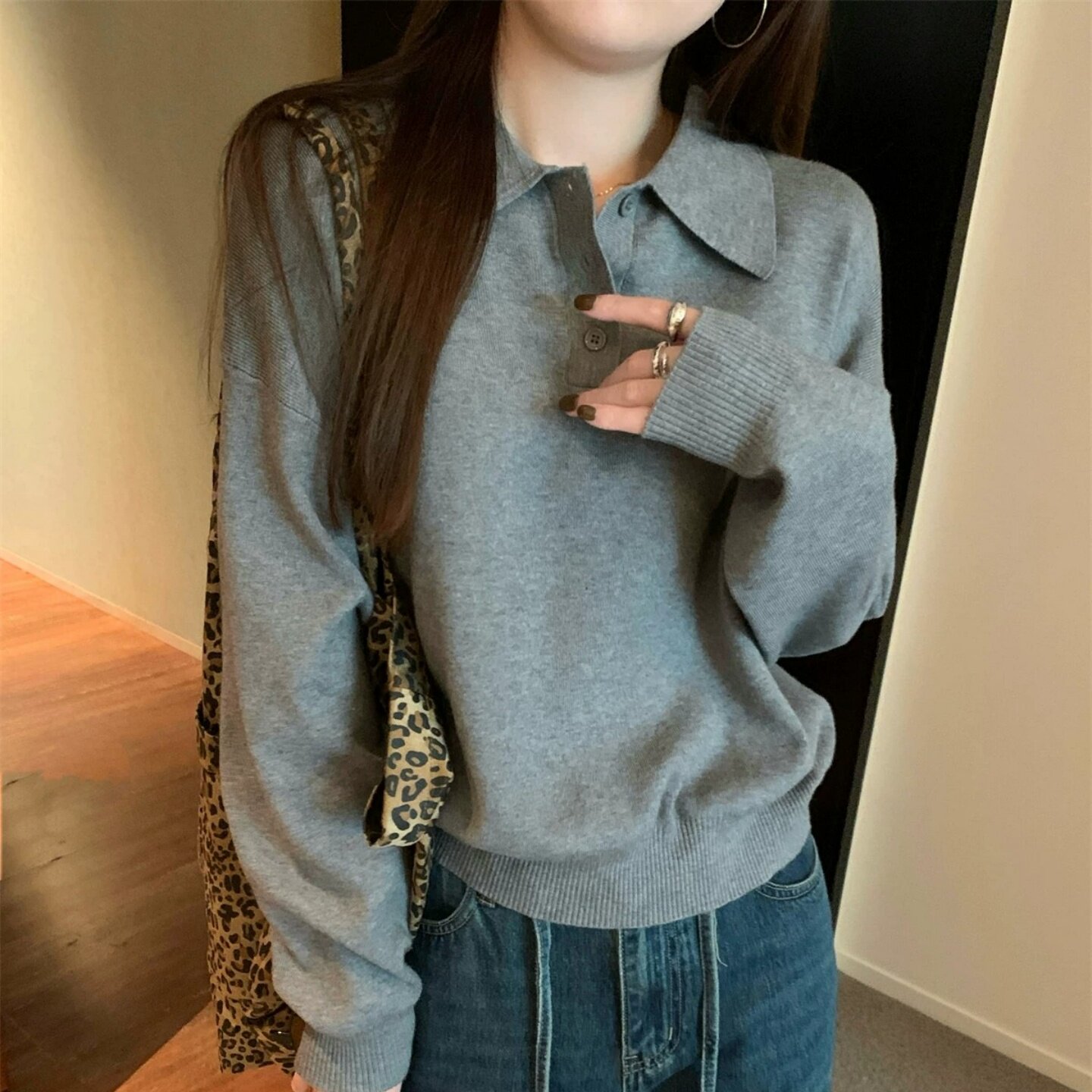 秋冬慵懒高级感V领POLO领女毛衣