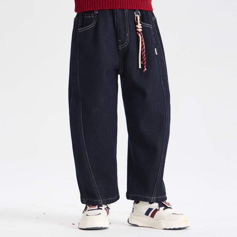 多多一上秋冬男小童加绒牛仔直筒裤深秋男孩百搭宽松牛仔长裤