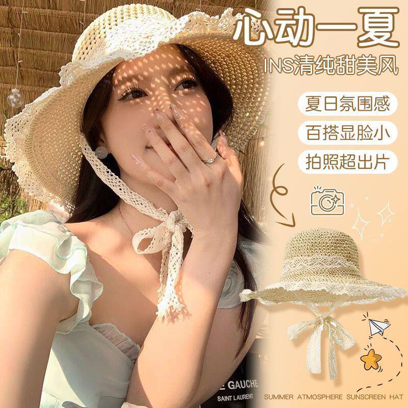 海边系带草编防晒遮阳帽图片