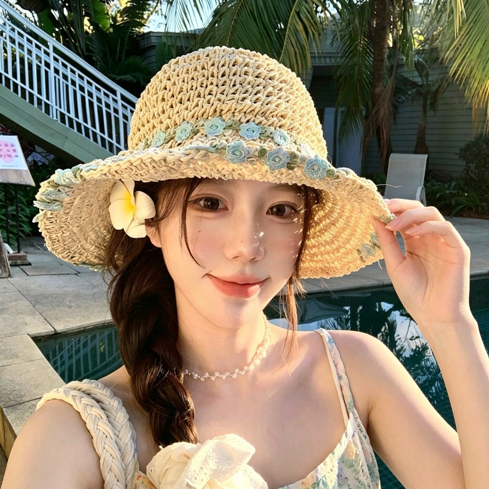 薄荷曼波花朵草帽大檐防晒百搭
