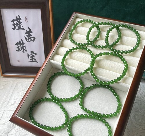 天然高冰俄料碧玉手串6mm手链圆珠散珠微黑和田玉冰辣绿阳绿