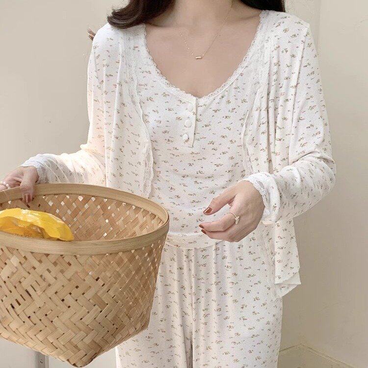 纯欲风莫代尔吊带三件套睡衣少女碎花蕾丝甜美开衫家居服春秋套装