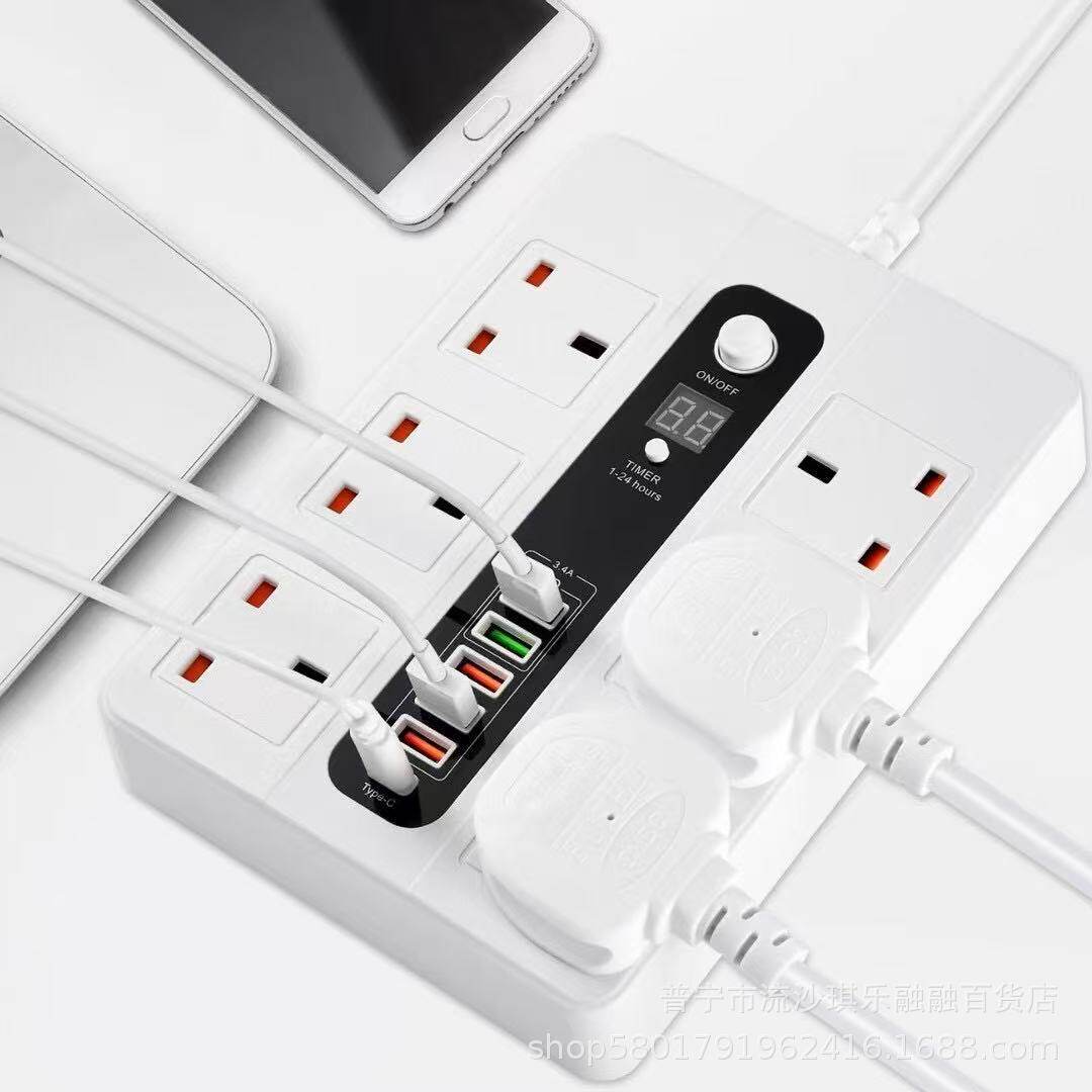 BKL-11英式专用孔6位定时排插带线拖板超载保护6USB充电USB C插座