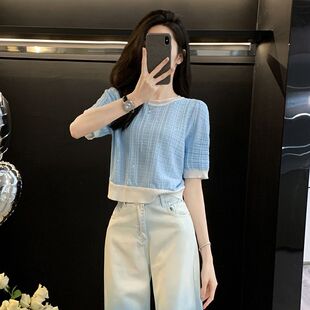 时尚减龄2025年夏季薄款针织衫上衣女渐变复古宽松高腰直筒牛仔裤