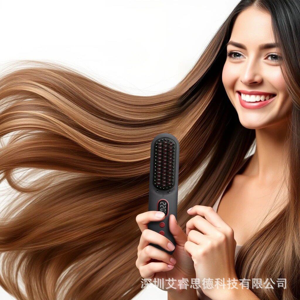 跨境热销无线充电直发梳液晶负离子顺发梳家用迷你便携直发器户外