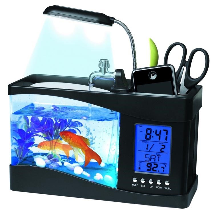 抖音多功能水族箱USB迷你鱼缸充电小型缸笔筒台灯万年历钟创意