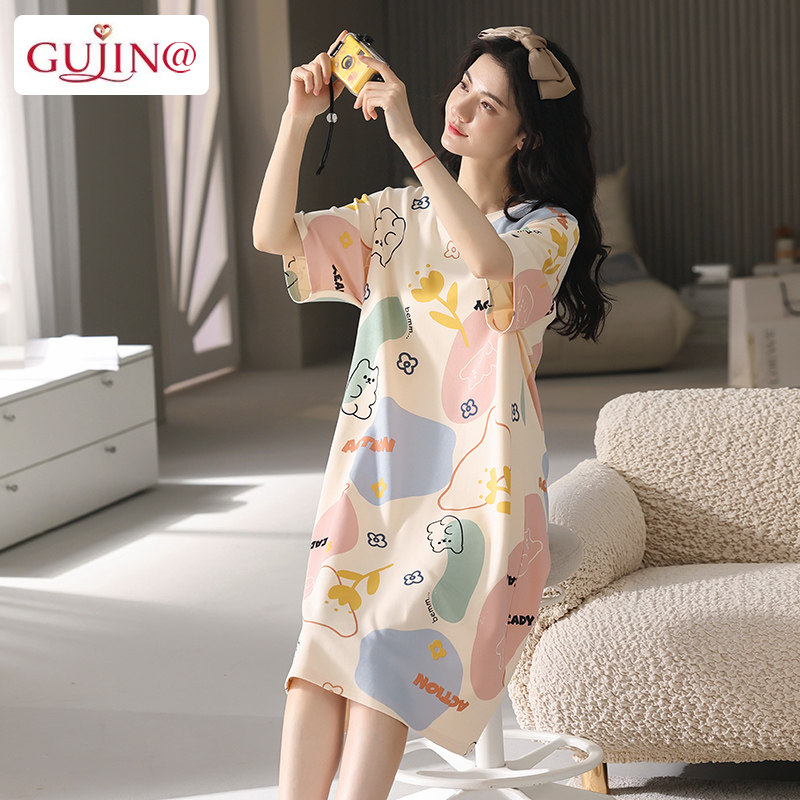 古今@睡裙女夏季纯棉短袖中裙薄款休闲甜美全棉家居服睡衣女夏款
