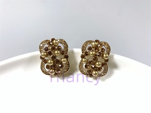 Vintage美国CAROLEE打标名媛风复古金咖色气泡珍珠满钻无耳洞耳夹