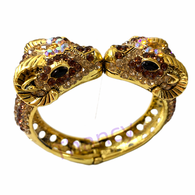 vintage中古西洋回流个性独特满钻双羊头设计开口复古百搭女手镯