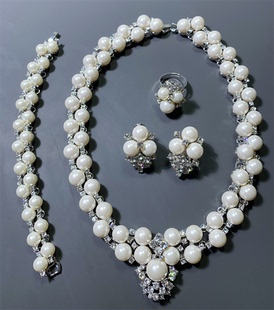 Vintage中古 重工夸张质感立体饱满仿珍珠耳钉戒指手链项链套装