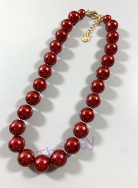 珠光酒红色人造珍珠项链CC打标