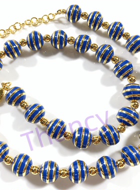 美国老牌TALB0TS打标铜镀真金宝蓝色珐琅实心球球质感百搭短项链