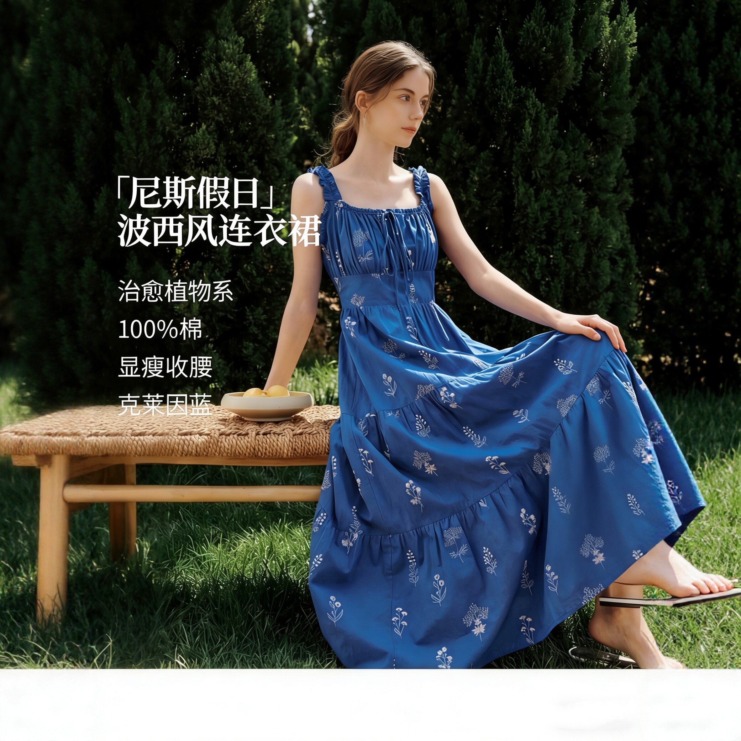 100%新疆棉克莱因蓝吊带连衣裙2026年夏季女装新款收腰显瘦裙子