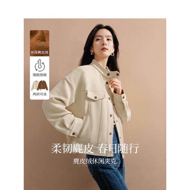 麂皮绒休闲短外套女士2026年秋季新款复古通勤工装立领夹克上衣