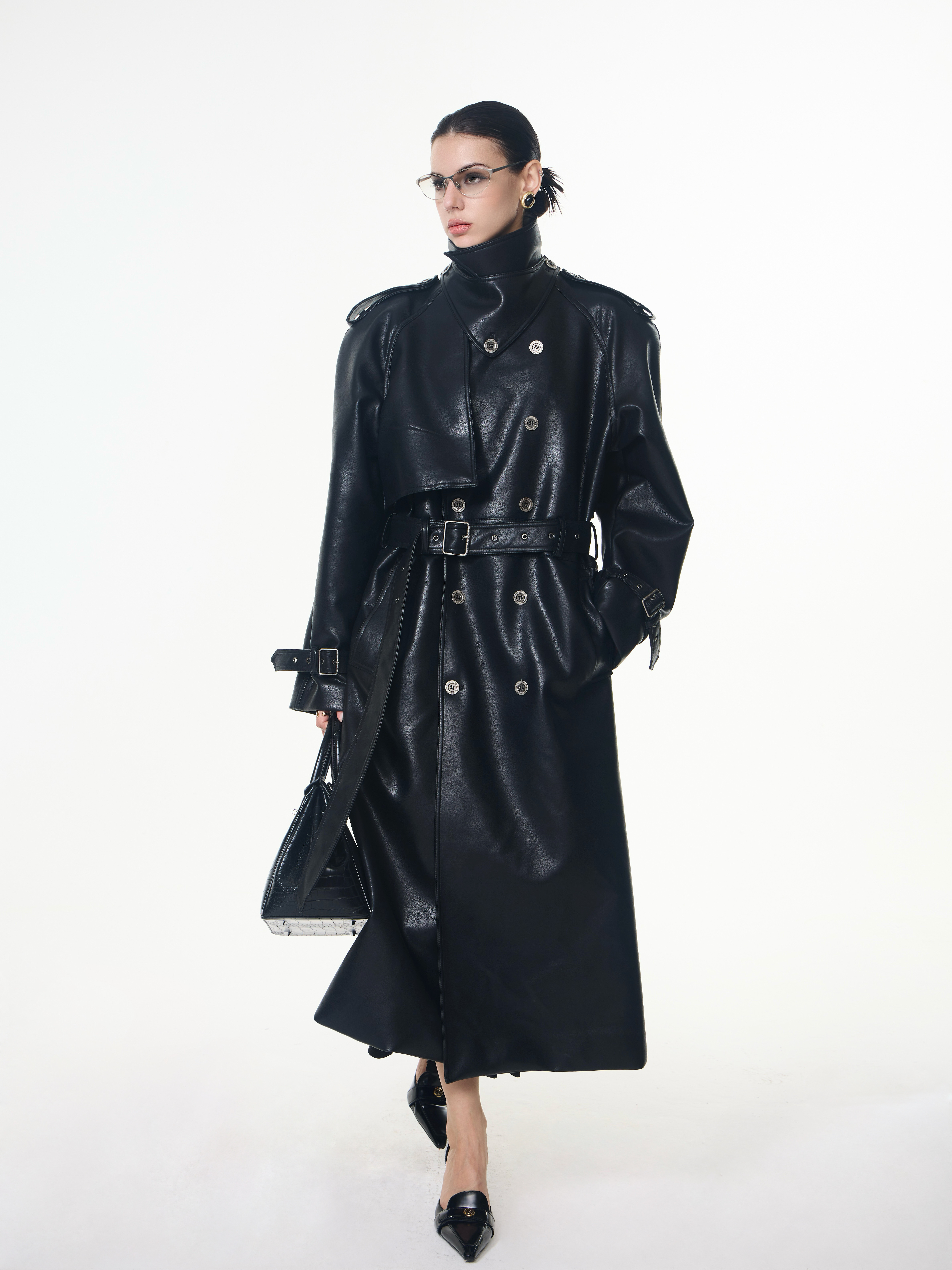 INTERLINKED Sex and the City Deconstructed Silhouette PU Leather Coat with Double-Breasted Turn-Down Collar and Cinched Waist Trench Coat Jacket