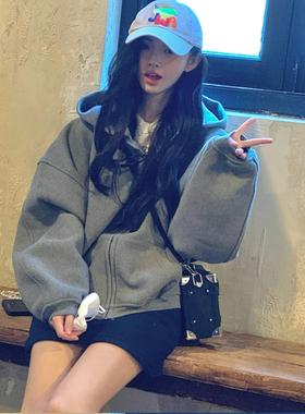 鞠婧祎明星同款灰色外套宽松慵懒风设计秋季新款连帽拉链开衫卫衣