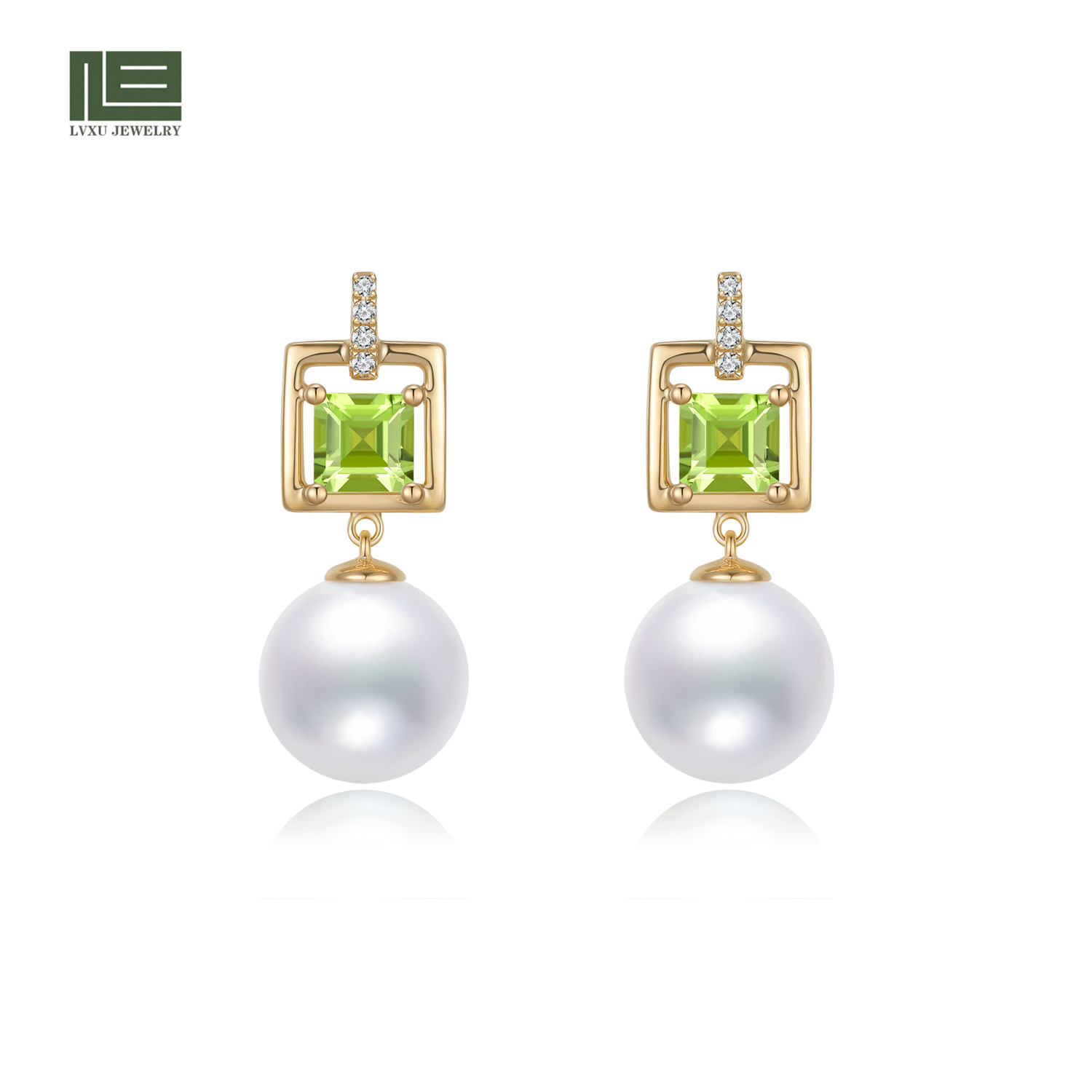 18k金正圆强光无暇珍珠耳钉镶嵌天然橄榄石原创设计时尚耳坠耳饰