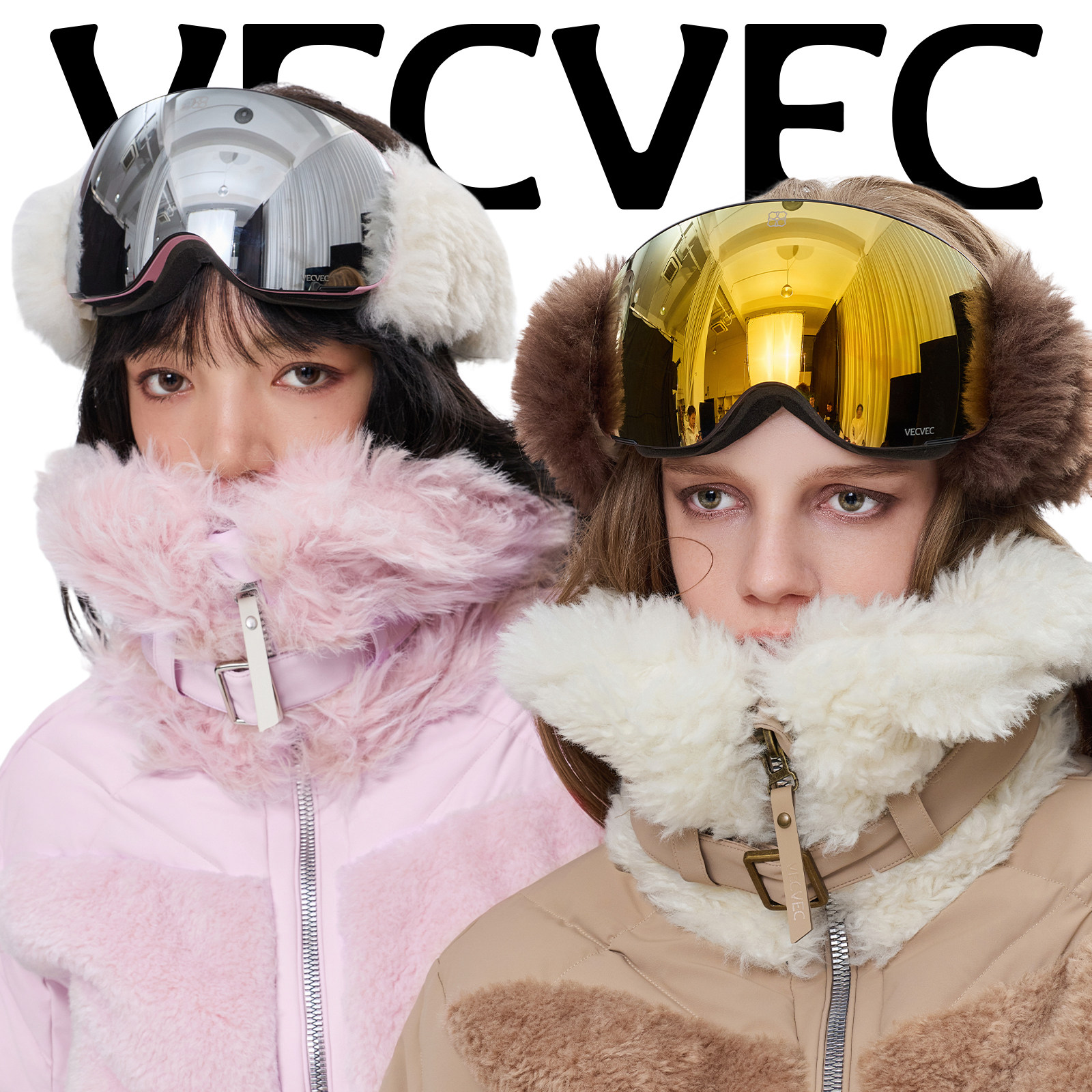 VECVEC滑雪眼镜护目镜球面镜大视野毛绒装饰防雾防紫外线女士户外