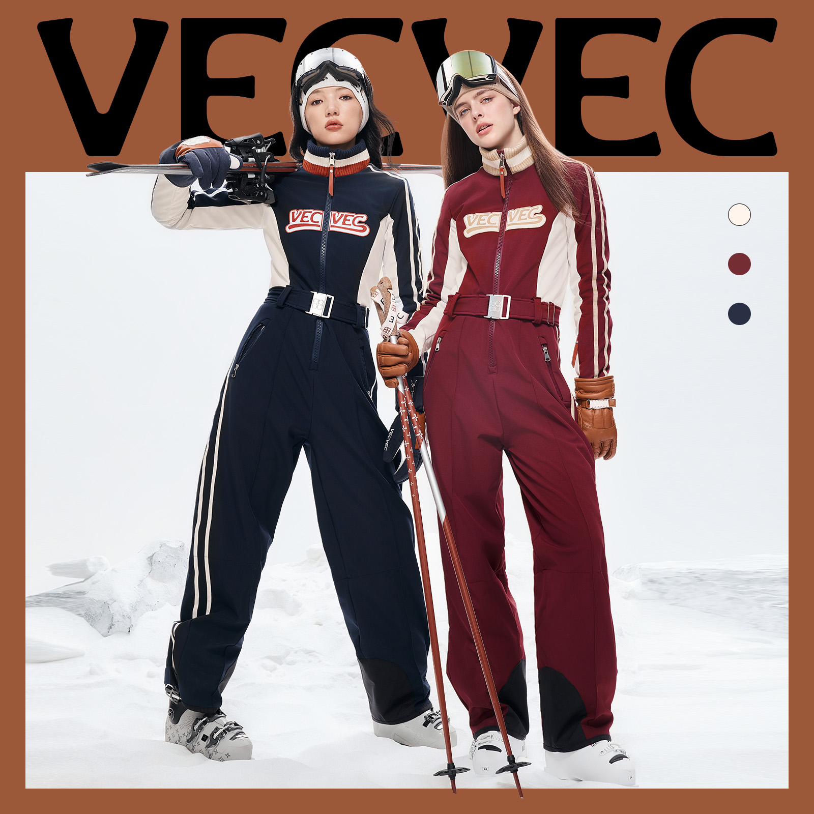 VECVEC美式学院风滑雪服连体服女单双板户外运动防水耐磨夹棉保暖