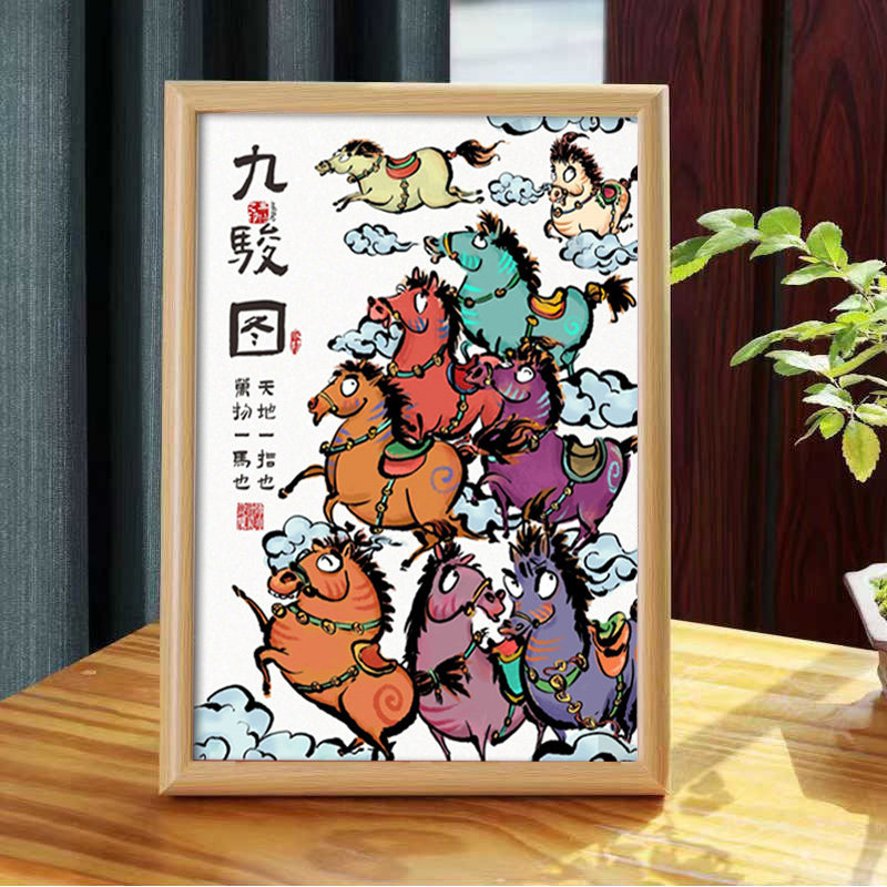 新年九骏图茶室书桌喜庆摆件礼物马年属相卡通相框搞笑国风画摆台