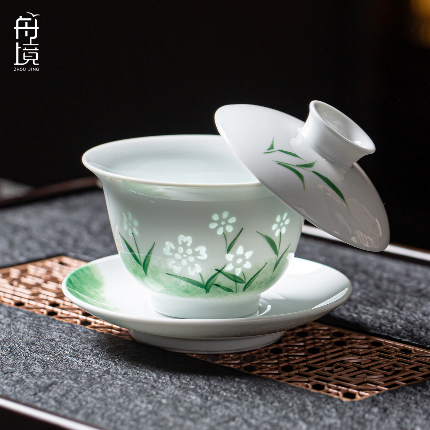 玲珑瓷手绘悬停盖碗釉下彩茶具套装茶杯陶瓷功夫茶具礼盒装伴手礼