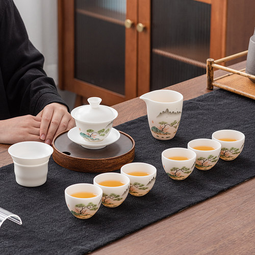 高端手绘羊脂玉瓷盖碗茶具套装家用办公简约喝茶功夫茶杯轻奢高档