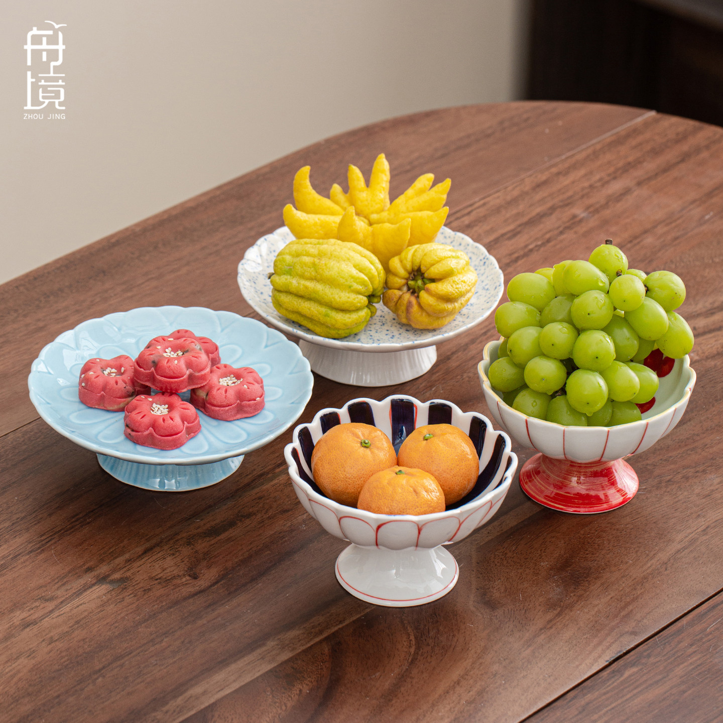 中式精致陶瓷高脚果盘糕点茶点高足托盘家用客厅水果盘佛手柑托盘