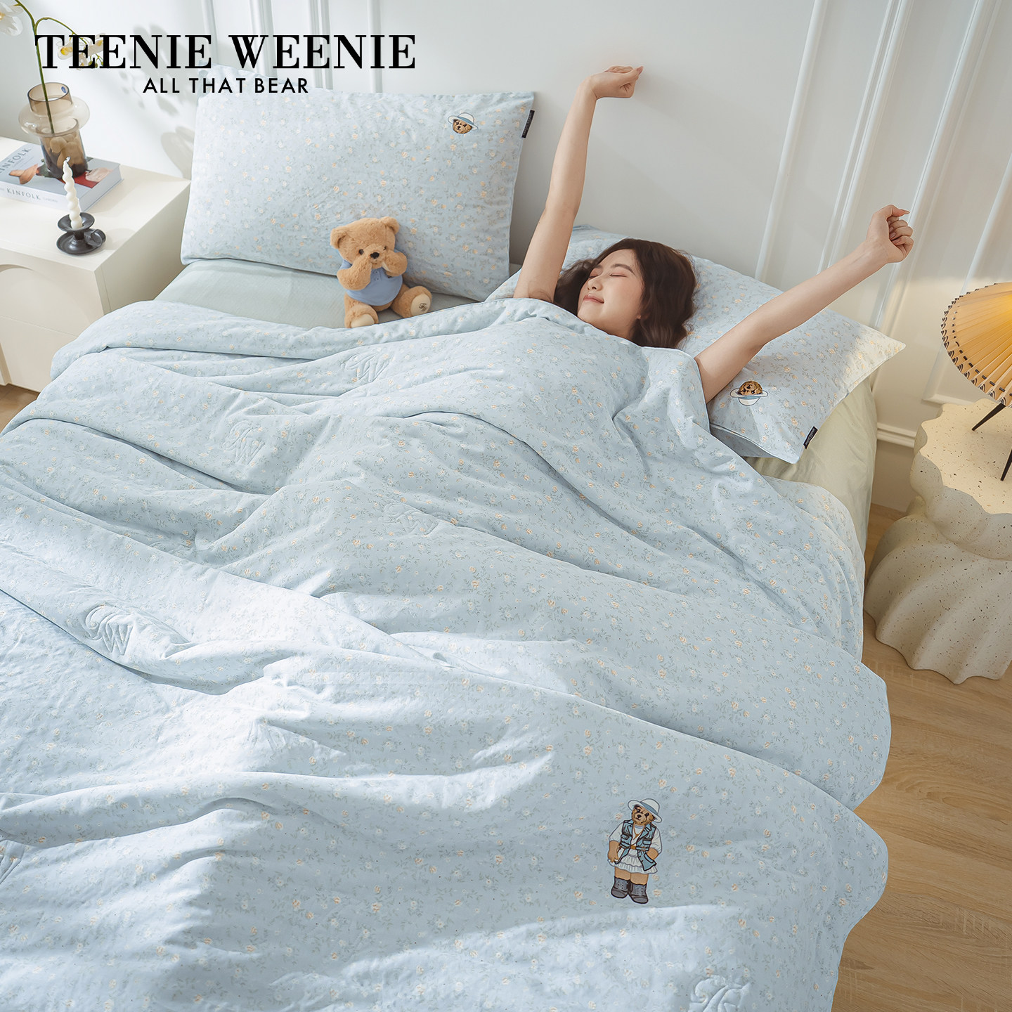 TeenieWeenie蓝色全棉双层纱空调被夏凉被单双人夏被可机洗薄被子