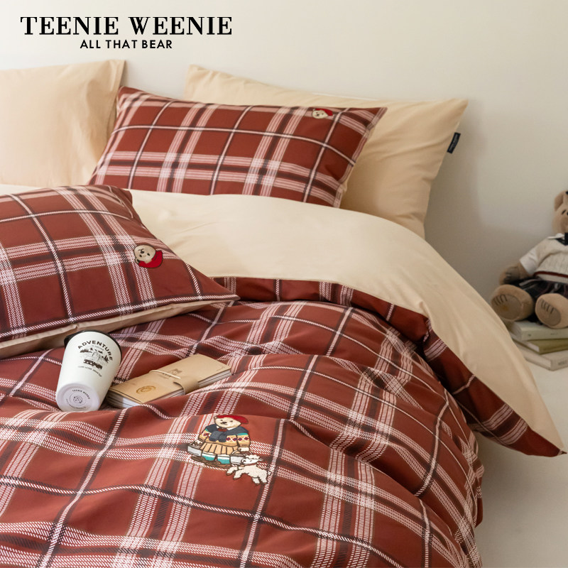 TeenieWeenie小熊刺绣安哥拉红四件套全棉纯棉格子被套床单三件套