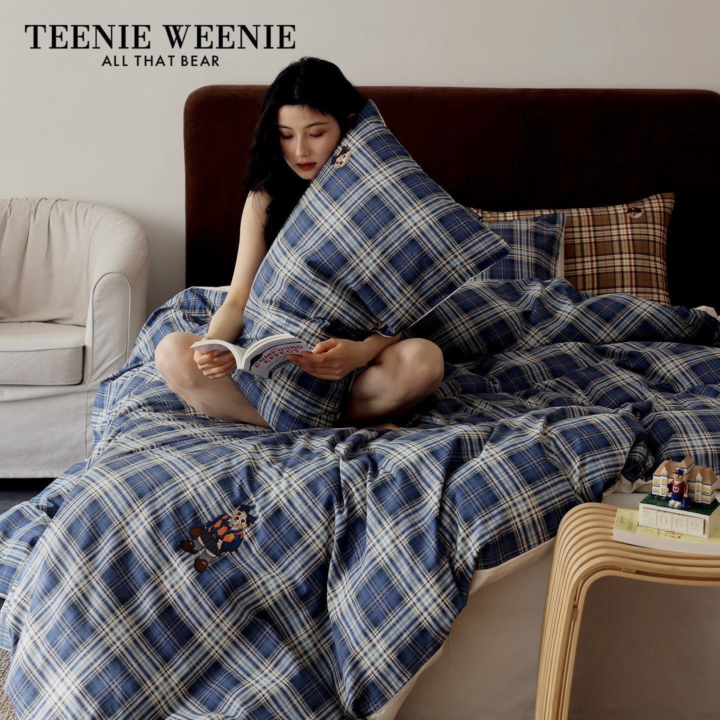 TeenieWeenie英伦学院风蓝白条纹全棉床上四件套纯棉刺绣被套床单