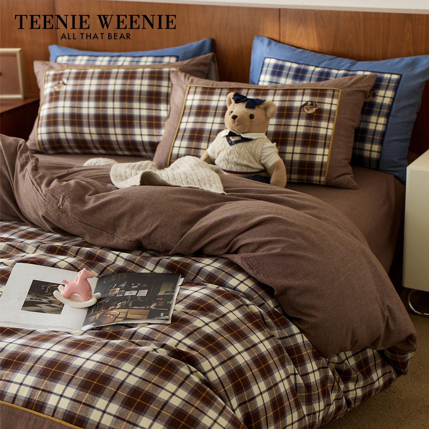 TeenieWeenie咖色复古格子加厚全棉磨毛四件套全棉被套1.8m床笠款,床上用品,床品套件/四件套/多件套,淘宝优惠券,粉丝福利购,淘宝优惠卷
