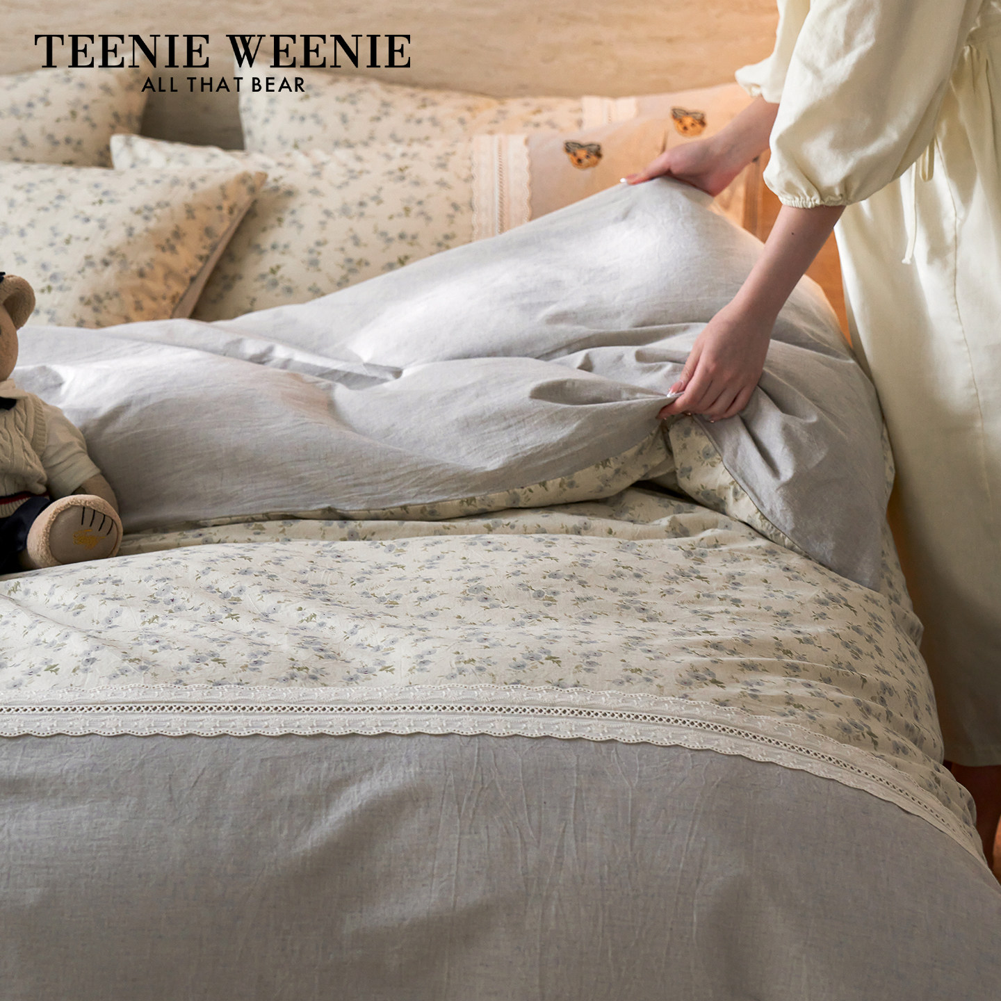 TeenieWeenie小熊花边棉麻床上四件套灰色系美式透气亚麻被套床单