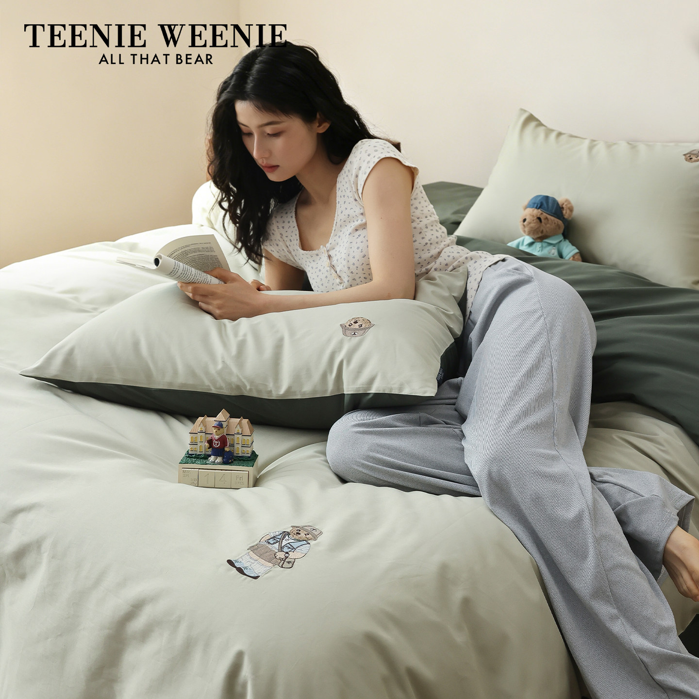 TeenieWeenie2026新款纯色双拼全棉床上四件套纯棉被套床单床笠款