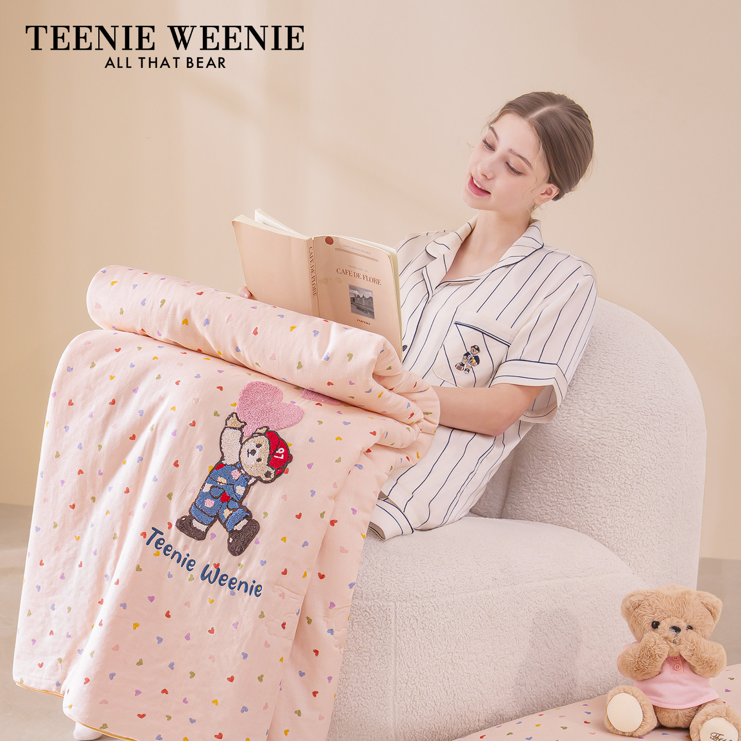 TeenieWeenie全棉双层纱毛毯毛巾被午睡办公室小毯子沙发空调盖毯