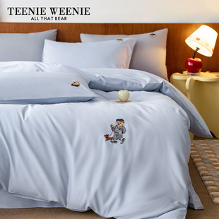 TeenieWeenie小熊刺绣简约风浅蓝色全棉床单四件套纯棉学生三件套